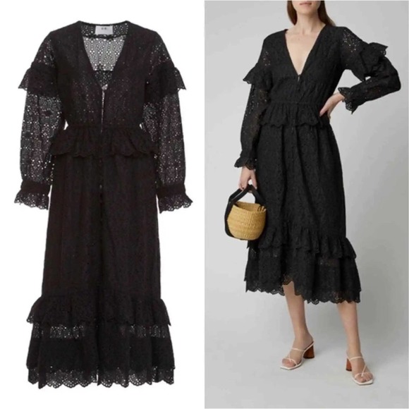 SIR. The Label Amelie Black Ruffled Broderick Anglaise Eyelet Midi Dress 6 NWT - Picture 2 of 11